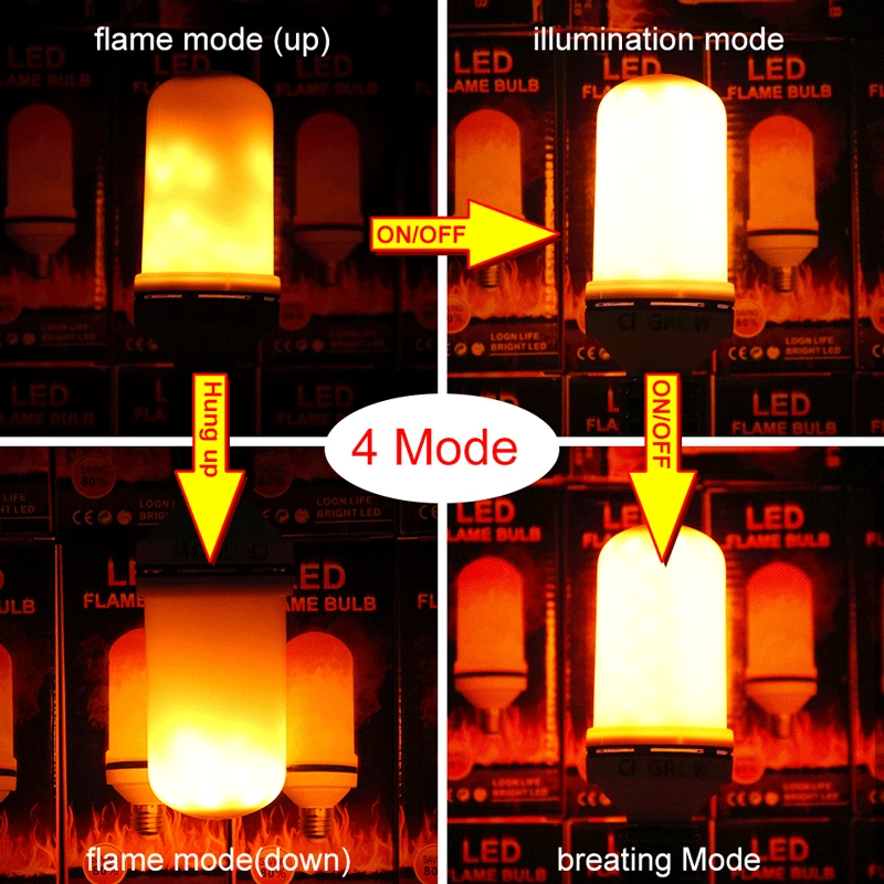 

E26 E27 LED Flame Effect Fire Light Bulb SMD2835 Flickering Emulation 1&4 Modes LED Flame Lamp 1200K~1400K AC85V~265V