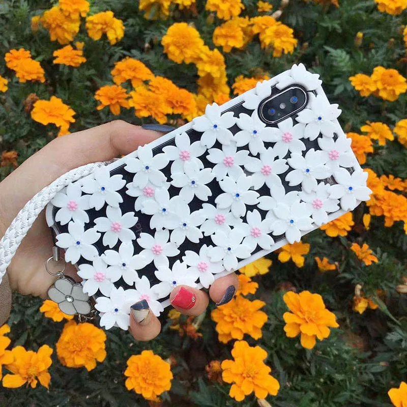 Белый JONSNOW 3D цветок выдалбливают Телефон чехол для iPhone 6 6S 7 8 Plus Силиконовые чехлы с ремешком для iPhone X XR XS Max задняя крышка - Цвет: Белый