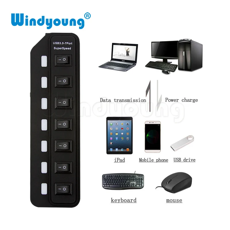 Windyoung USB 3 0 концентратор с 7 портами зарядкой и выключателем питания несколько usb