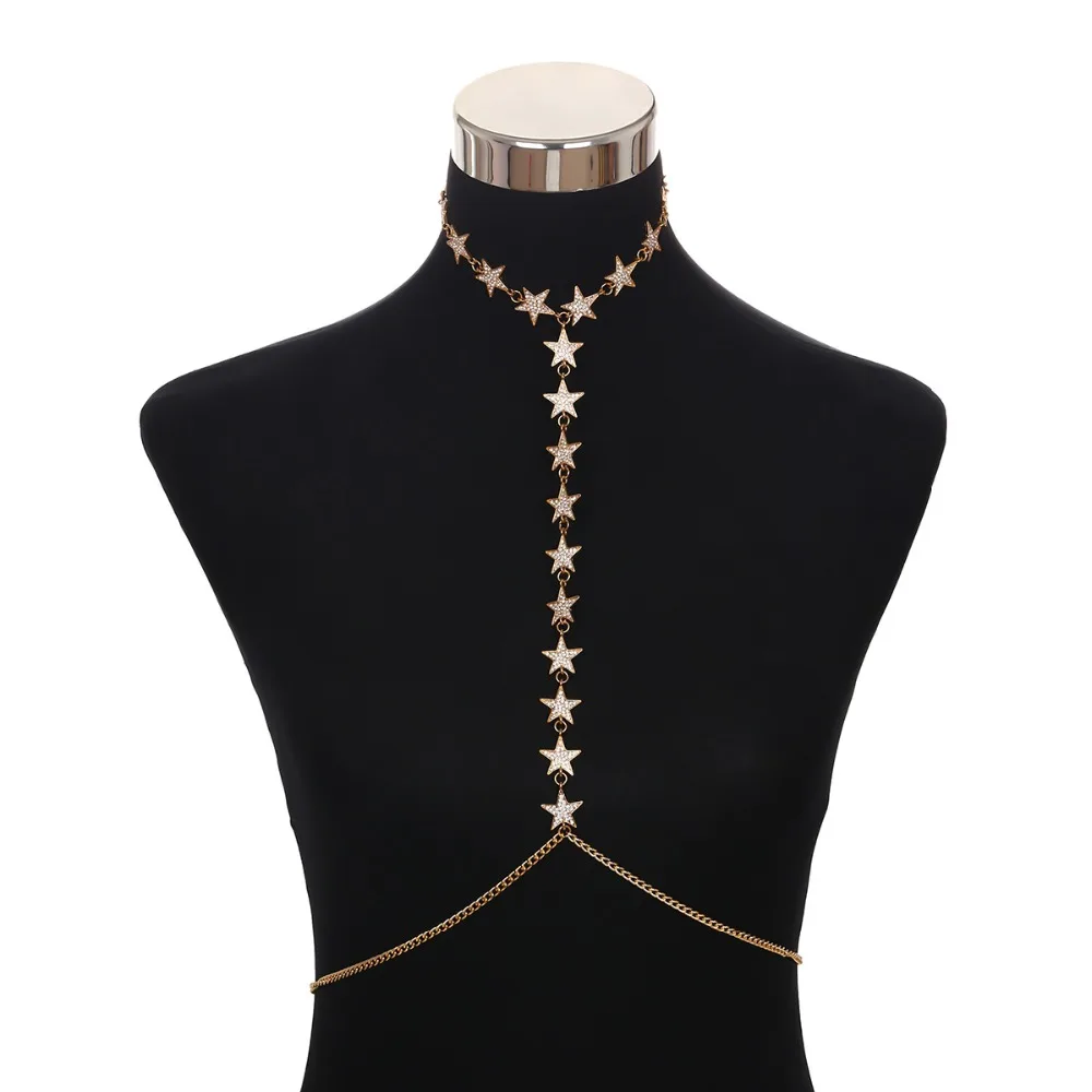 New Sexy Gold Color Alloy Star Crystal Body Chain Jewelry for Women Ladies Chest Bikini Necklace Gift BC146 | Украшения и