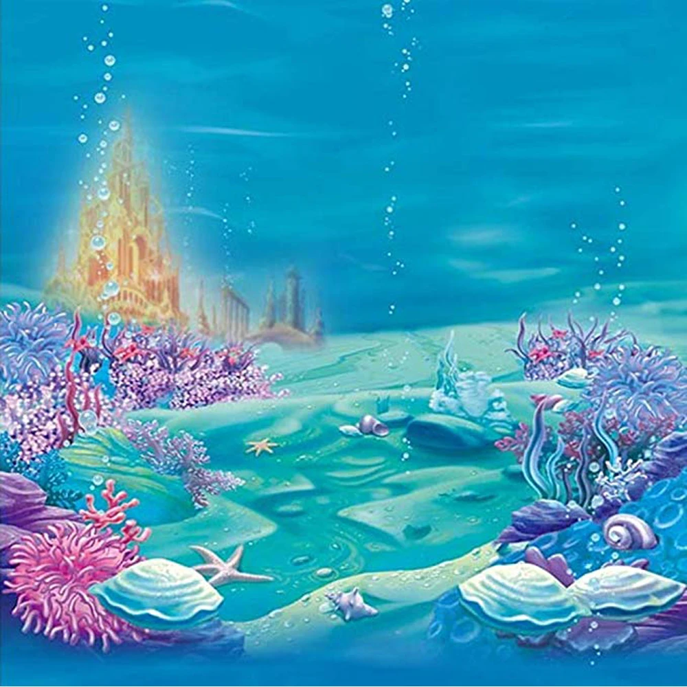 

Under the Sea World Background Blue Printed Seaweed Starfish Bubbles Gold Castle Little Mermaid Birthday Party Photo Backdrop