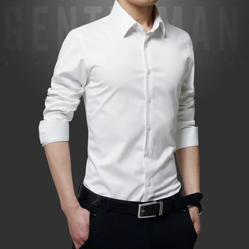 

Men's Clothes Simple Formal White Turn-down Collar Solid Men Shirt Long Sleeve Red Black Shirts Dress Casual Slim Fit Clothing S