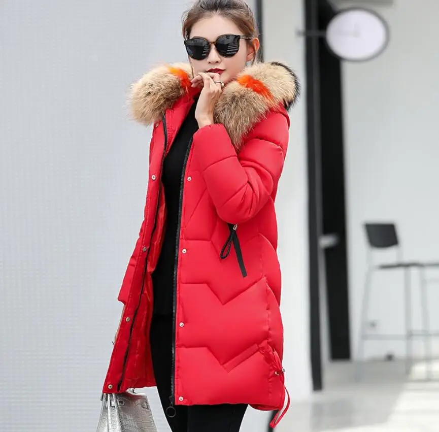 2019 зимние женские длинные хлопковые пальто шапка с цветным меховым воротником