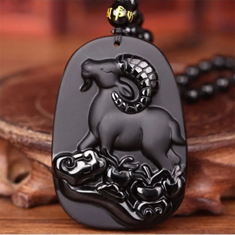 

KYSZDL Drop shipping New High Quality Natural Obsidian Necklace Fashion Black Goat Pendant For Women & Men Vintage stone Jewelry