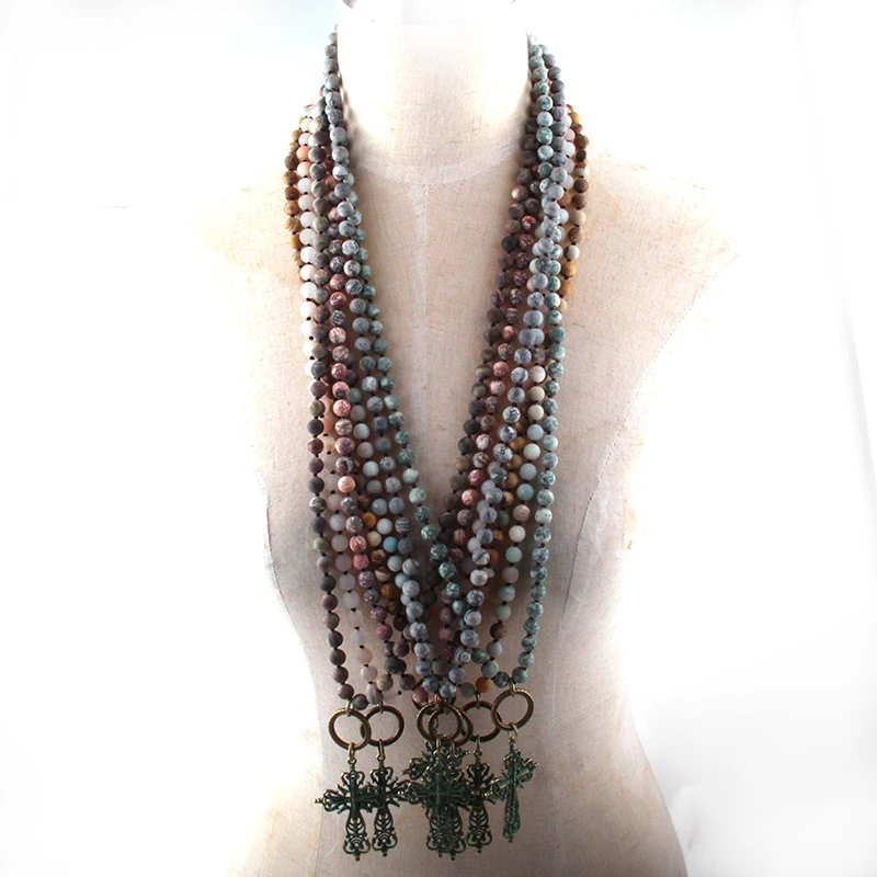 Fashion Bohemian Tribal Jewelry Natural Semi Precious Stones Knotted Metal Cross Necklace | Украшения и аксессуары