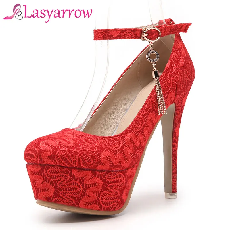 

Lasyarrow/Sapato Feminino; туфли-лодочки на высоком каблуке с круглым носком; модные свадебные туфли на платформе с ремешком на щиколотке и вышивкой; ра...