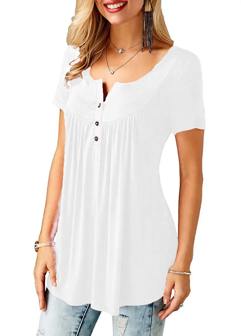Women's Casual Short Sleeve V-Neck Button Pleated Tunic Tops Solid Color Loose Pullover T-Shirts Summer Fashion image 3