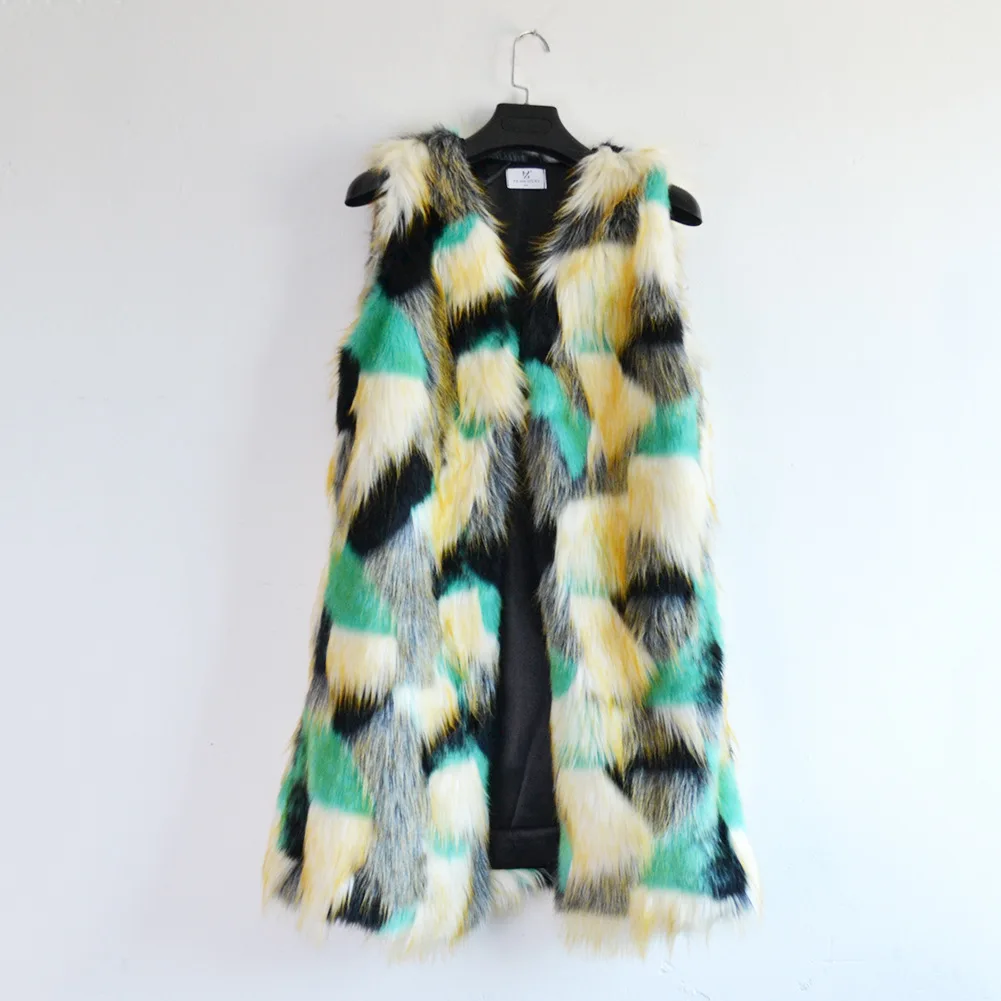 

Long Faux fur fox fur Vest Sleeveless Mink Fur jacket waistcoat artificial peacock Mixed Color grass fur Tank Coat cardigan 2018