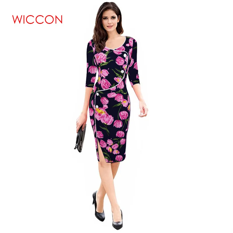 

Womens Summer 3/4 Sleeves Elegant Vintage One Piece Dress Suit Work Office Business Casual Bodycon Pencil Party Dress Suit