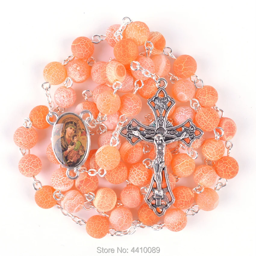 Trendy Religious Frosted Orange Stone Beads Our Lady of Perpetual Help Catholic Rosary Necklace