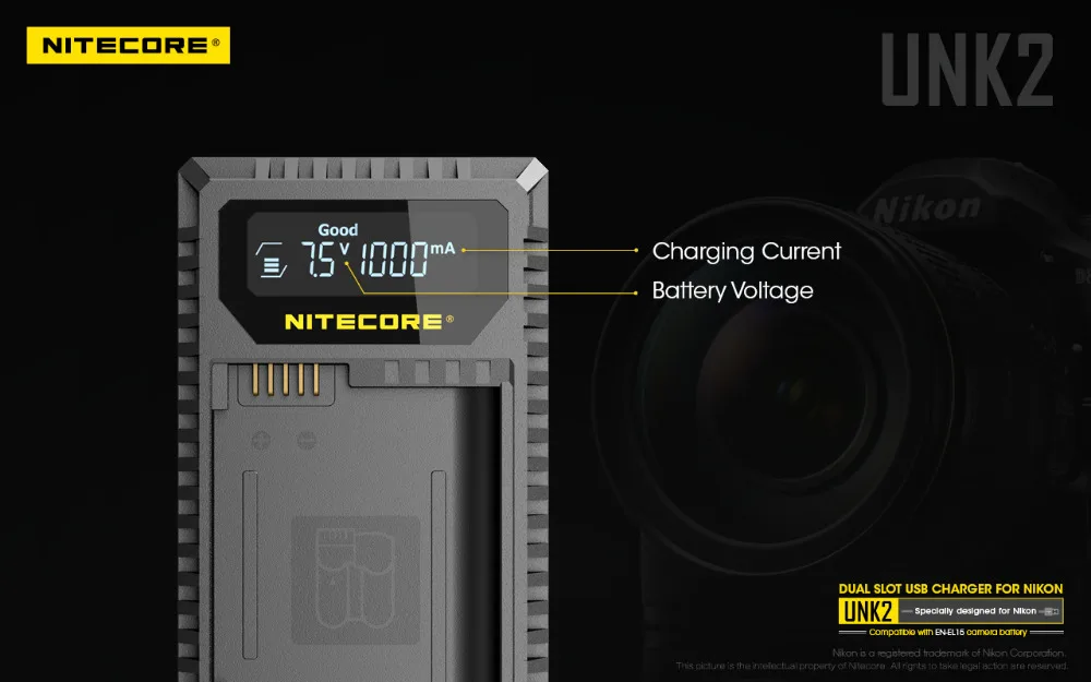 Nitecore UNK2 Dual USB Зарядное устройство для Nikon EN-EL15 Батарея D500 D600 D610 D750 D800 D800E D810 D810A V1 1V1 D850 D7000 D7100