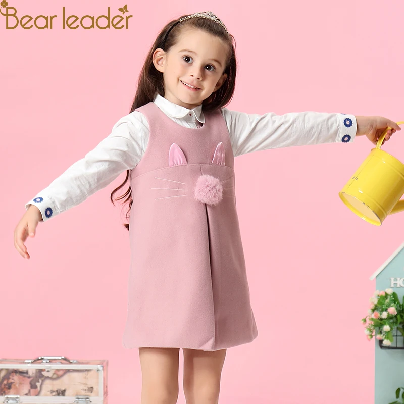 Bear leader/платье для девочек; Новинка года; сезон осень; Повседневный стиль; однотонное ТРАПЕЦИЕВИДНОЕ платье без рукавов с заячьими ушками и меховыми бальными аксессуарами; детское платье