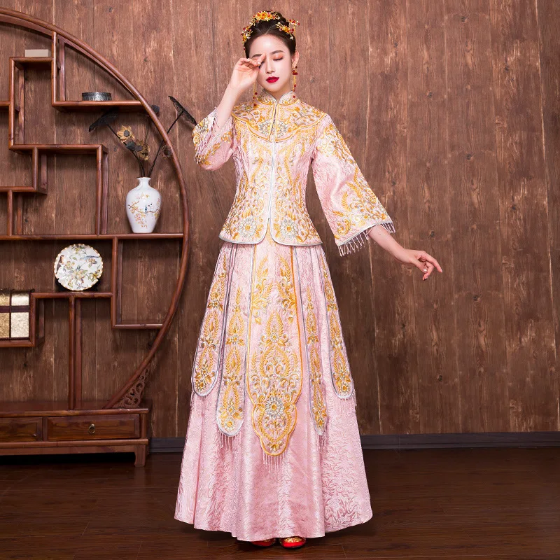 

Bride Cheongsam Gown Traditional Long Sleeve Chinese Wedding Dress Qg Qipao Long Sleeve Cheongsam Dress Vintage Oriental Dresses
