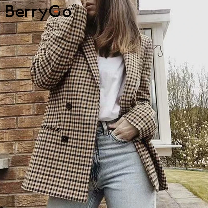 BerryGo модный двубортный клетчатый блейзер с длинным рукавом, приталенный офисный Женский блейзер, повседневный осенний пиджак, женские блейзеры