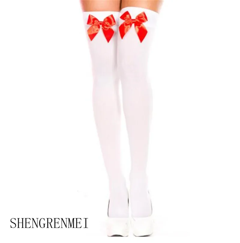 Red SHENGRENMEI, женские чулки для Хэллоуина, костюм, модные, белые, розовые, черные, красные, с бантом, чулки, высокие, для девушек, сексуальные, до бедра, высокие чулки - Цвет: Red
