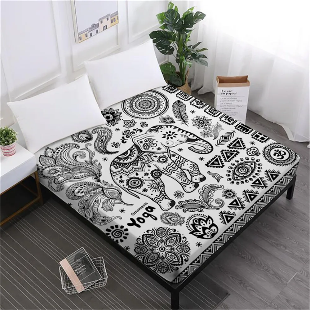 

Bohemia Mandala Bed Sheet Dreamcatcher Elephant Fitted Sheet Floral Butterfly Print Bedding King Queen Deep Pocket Sheet D49