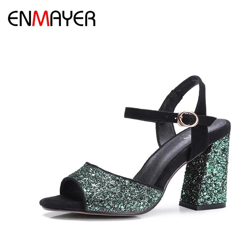Enmayer натуральная кожа bling пряжки ремня коренастый партия насосы твердые зрелые