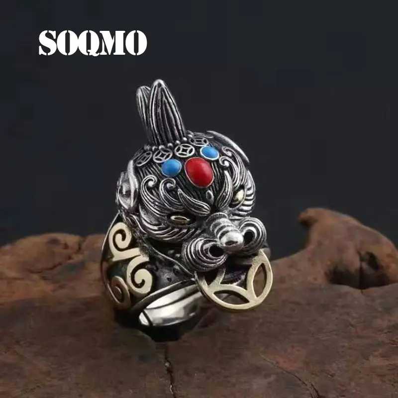 Мужское кольцо с инкрустацией SOQMO регулируемое в стиле панк из 100% серебра