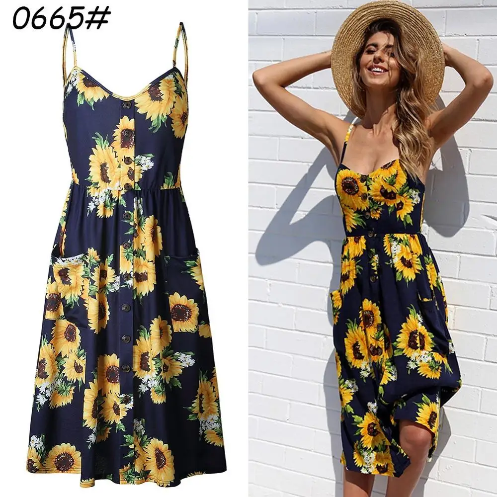 0665 Navy Blue Spasril, женское платье на бретельках, стильный цветочный принт, сексуальные платья на бретельках с открытой спиной, летнее пляжное женское платье с карманами - Цвет: 0665 Navy Blue