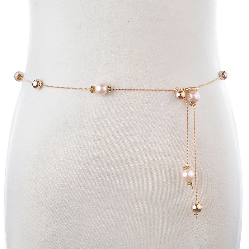 

Ladies Women Pearl Belt Causal Bead Sweet Thin Metal Waist Chain Dress Belt Fashion Luxury 2020 NEW