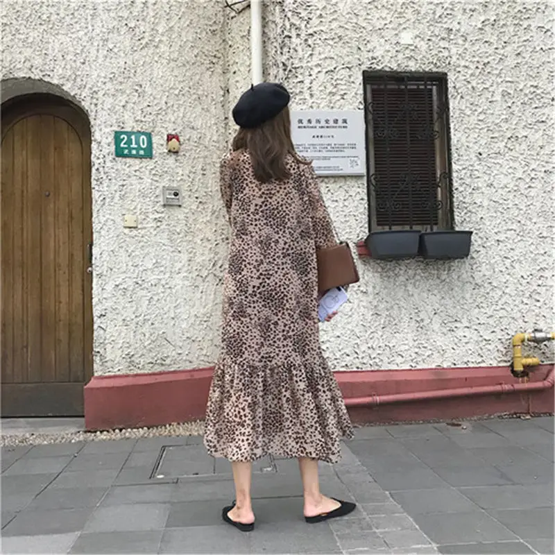 HziriP Women New Elegant Long Shirt Dress 2018 Autumn Leopard Sleeves Party Loose Versatile Chiffon Dresses Send Sling | Женская одежда