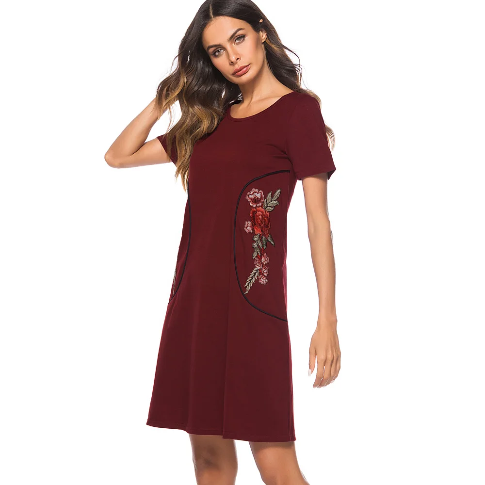 Хорошее-forever повседневное рокабилли Круглый вырез вышивка vestidos короткий рукав для работы женское прямое Цельнокройное платье T034