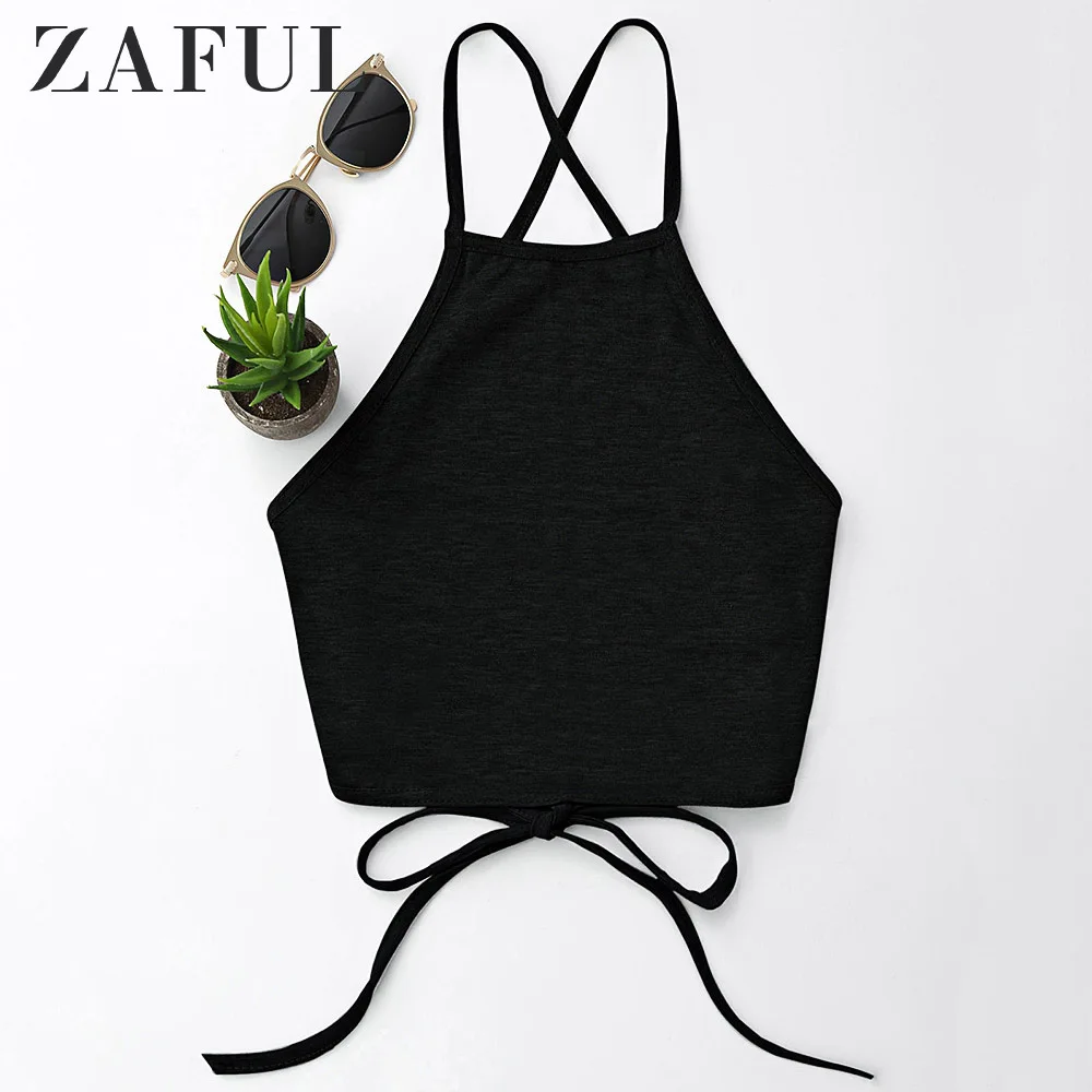 ZAFUL Camis однотонный короткий топ с открытой спиной на бретельках повседневный