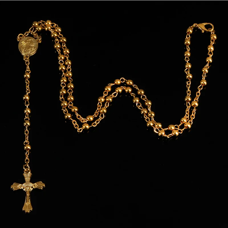 Catholic stainless steel rosary 4mm imitation gold rosary necklace. Rose pattern long chain prayer, blessing a necklace