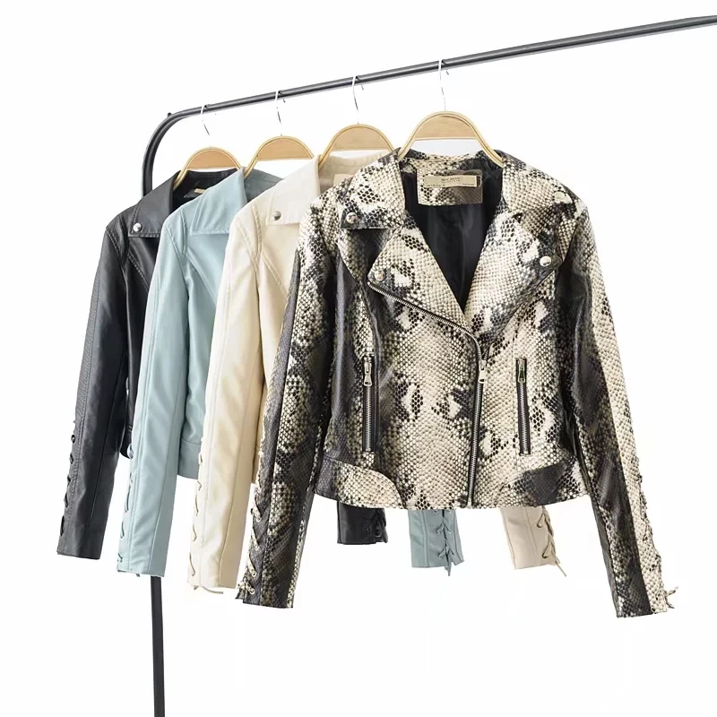 Женские куртки из искусственной кожи с повязкой Офисная Дамская змеиная кожа