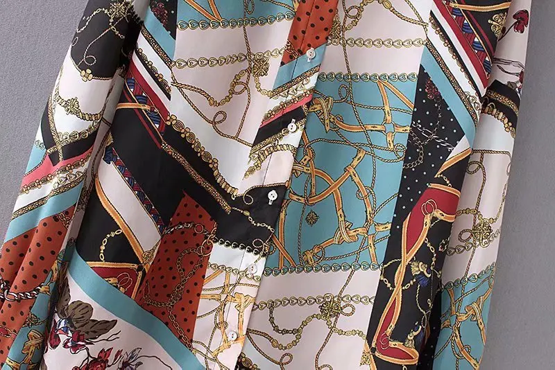 women vintage chain patchwork print smock Shirt blouses business casual femininas blusas long sleeve retro tops |