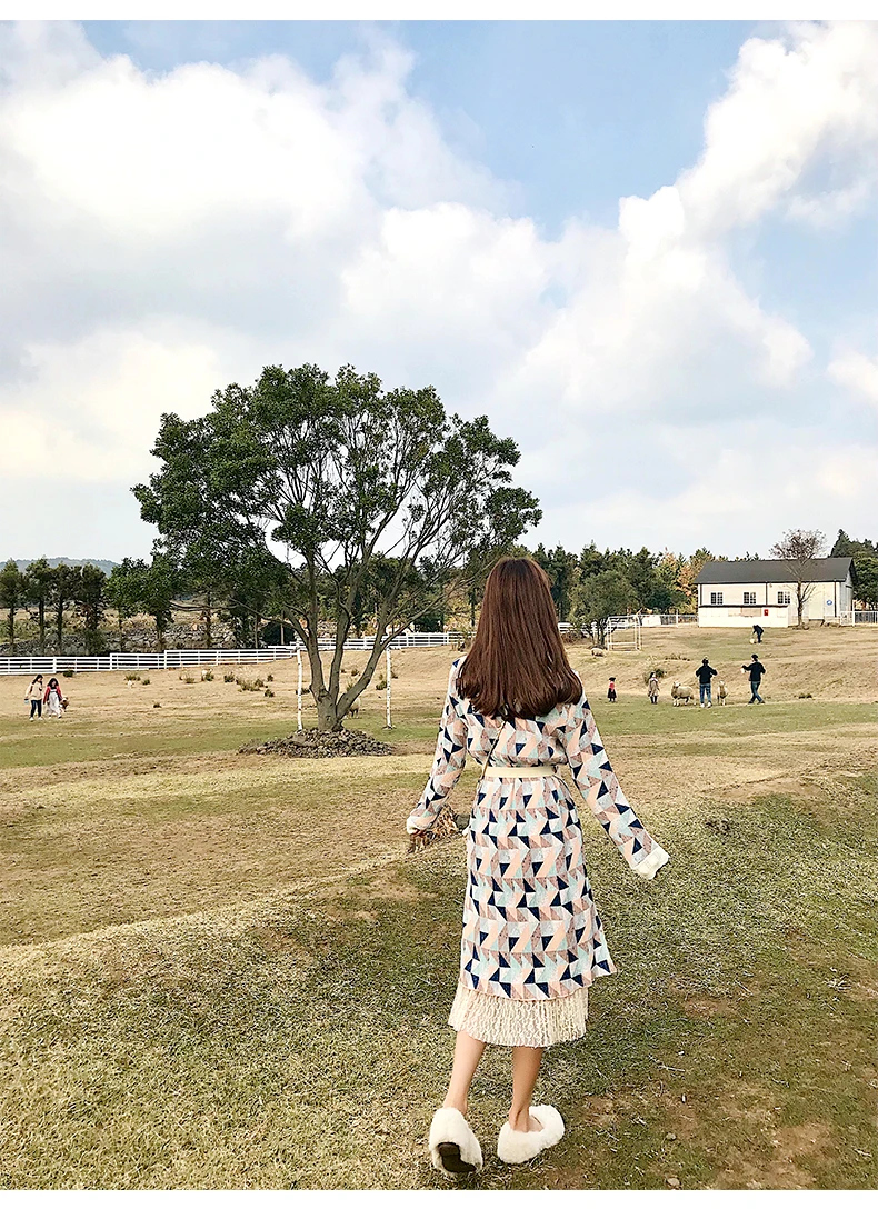 

Korean Style Elegant Women Two Piece Sets Autumn Print Lace Midi Dress Full Sleeve Robe Femme Dresses