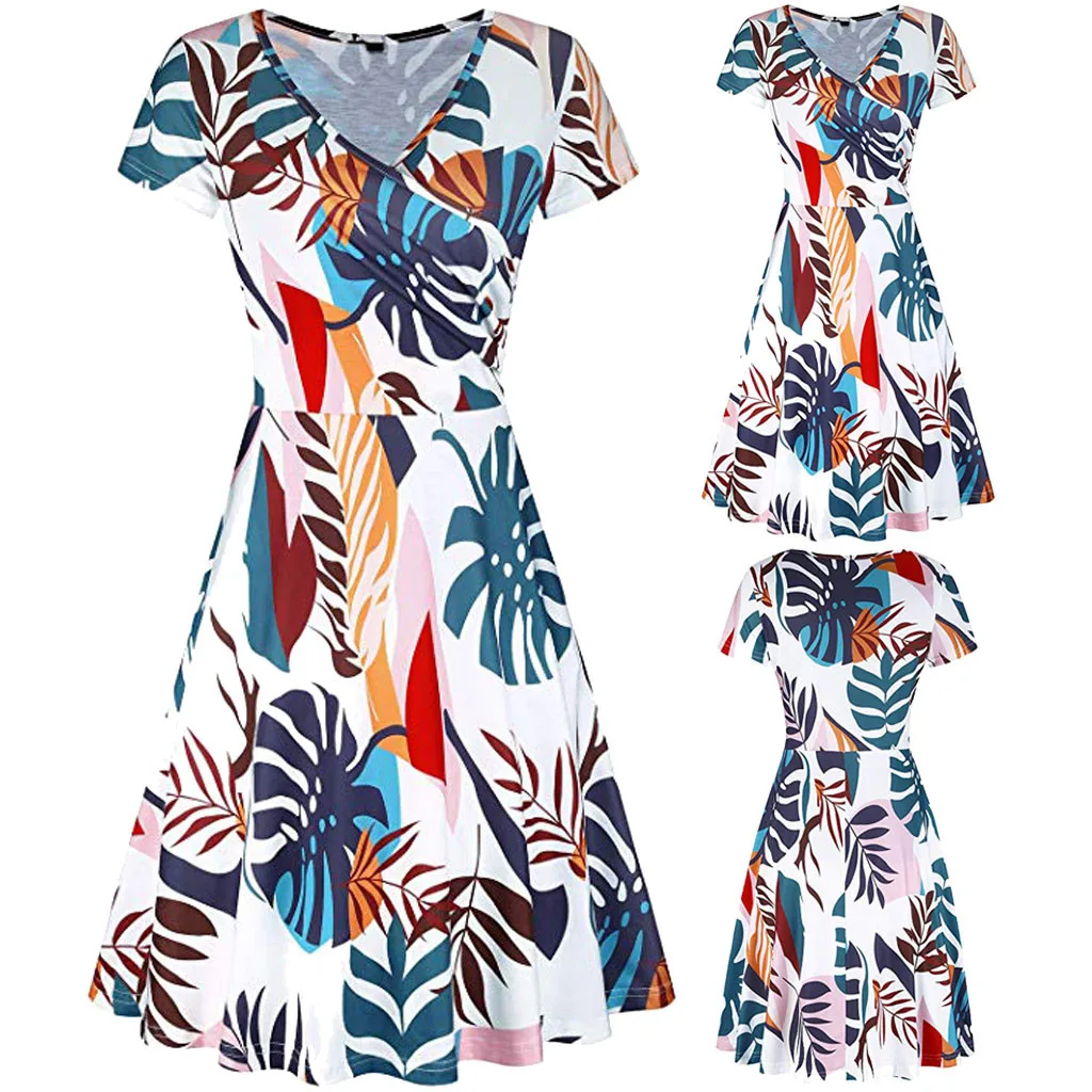 Женское платье трапециевидной формы Boho с v-образным вырезом и коротким рукавом