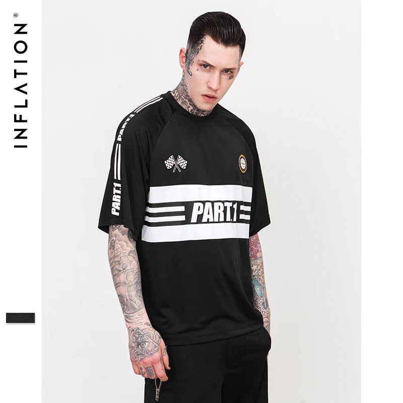 INFLATION Stripe Printing o образным вырезом Track t shirt 2018 Мужская футболка с коротким рукавом