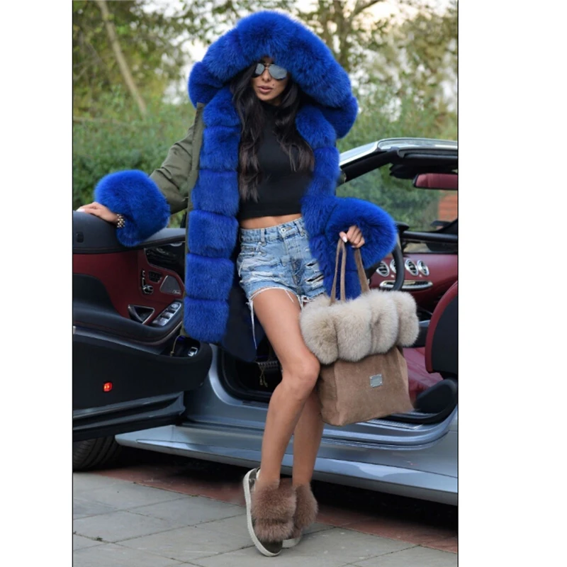 Tatyana Furclub Real Fur Parka Coat 2022 New Winter Fur Jacket For Women Armygreen Outerwear With Blue Fur Collar Fashion Parkas