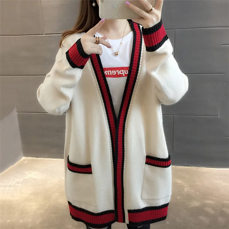 Beige Весна женский вязаный кардиган Повседневная Корейская версия длинный трикотаж осень свободный v-образный вырез длинный рукав свитер пальто Lj342 - Цвет: Beige