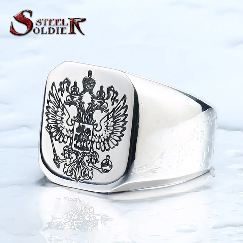 steel color Двойной орел эмблема русская нержавеющая сталь Гравировка Ювелирные изделия для мужчин Мода Высокое качество герб перстень Байкер кольцо - Цвет основного камня: steel color