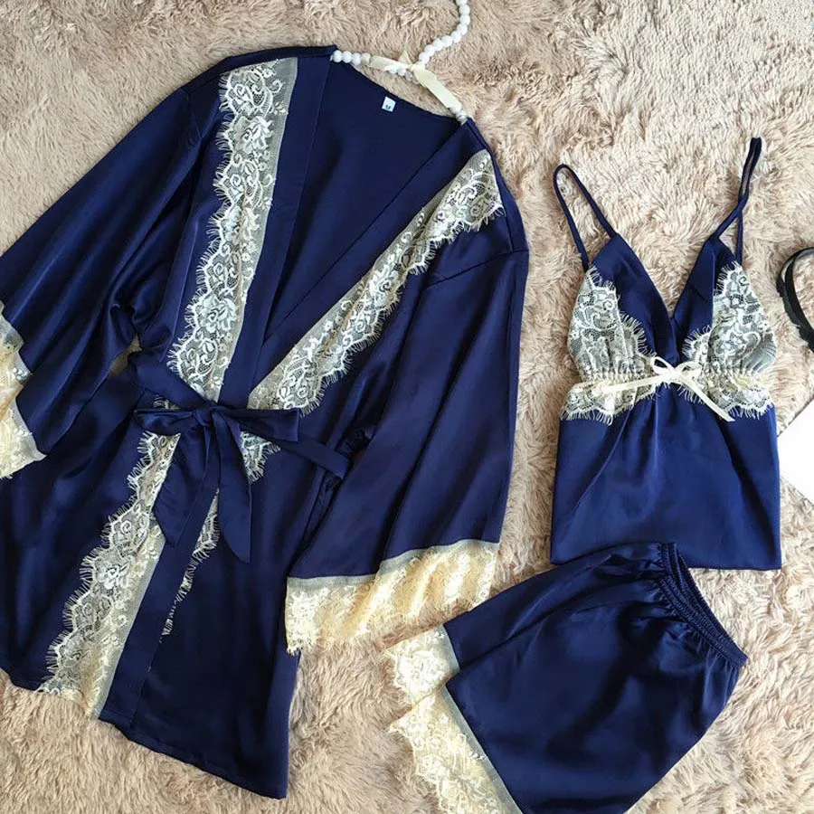 Summer 3PCS Women Lace Night Dress Silk Satin Pajama Sleepwear Robes Nightwear Gown Sets Female Clothing - Цвет: Royal blue