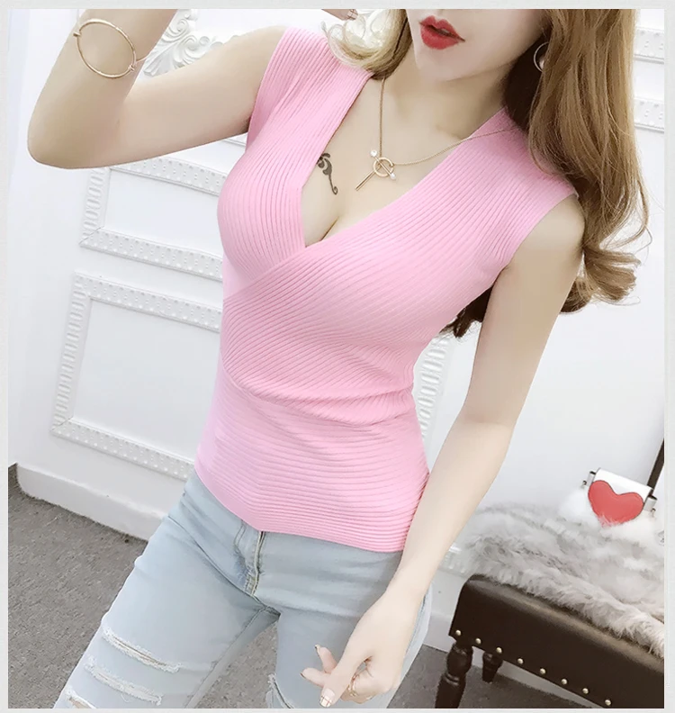 Одежда для активного отдыха, женский сексуальный жилет с глубоким v-образным вырезом, эластичный Женский вязаный джемпер без рукавов, облегающий женский топ, Одноцветный