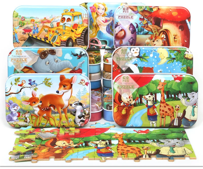 Premium Size 22.5* 13cm Wooden Large 60 Piece Iron Box Cartoon Animal Baby Puzzle Child Wooden Educational Toy Girl Boy