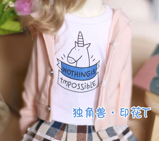 

BJD doll shirt white unicorn printing short sleeve T-shirt for 1/3 1/6 BJD SD DD YOSD doll clothes accessories