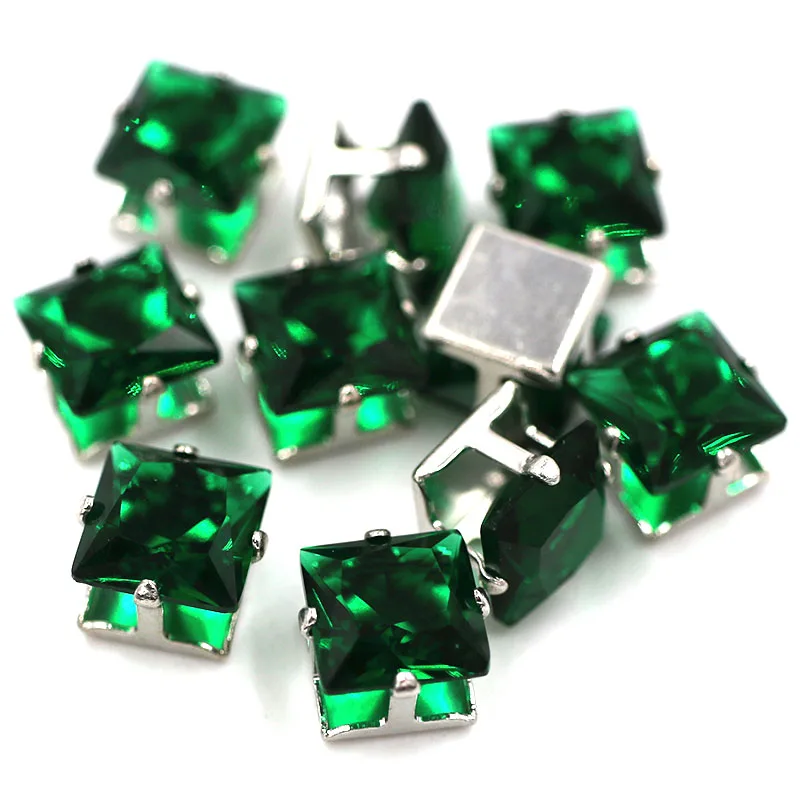 Emerald 8 мм, квадратная форма, циркон, искусственный камень с когтями, серебряная основа, стразы, сделай сам, ювелирное изделие, аксессуары - Цвет: Emerald