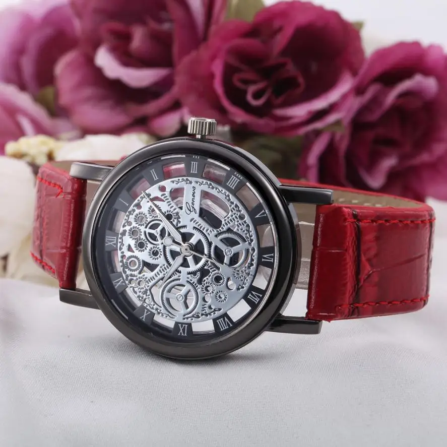 Timezone#501 модные деловые часы со скелетом, Мужские кварцевые наручные часы с гравировкой и полым ремешком, женские часы с кожаным ремешком