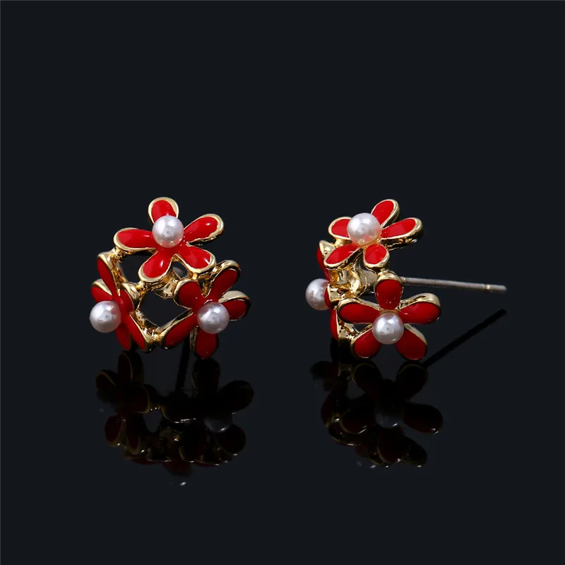 K's Gadgets Trendy Flower Enamel Earrings Minimalist Jewelry Imitation Pearls Gold Color Small | Украшения и аксессуары
