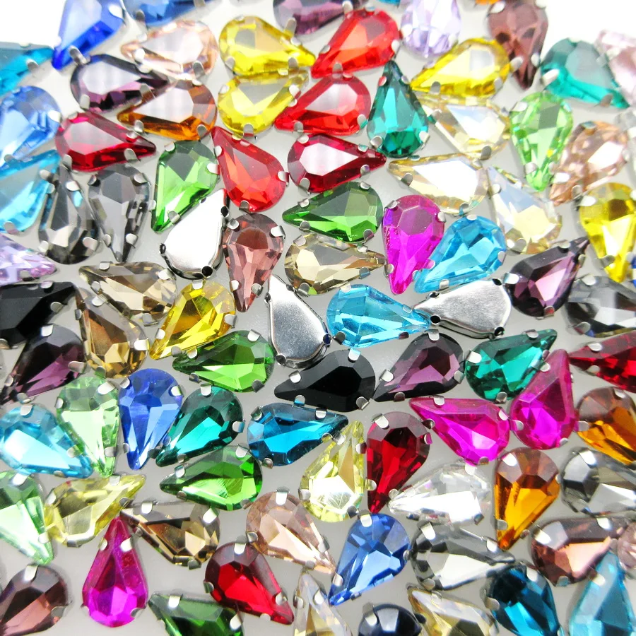 

High quality glass Crystal Silver claw nice colors 6*10mm 8*13mm narrow teardrop Sew on rhinestone wedding dress bags decoration