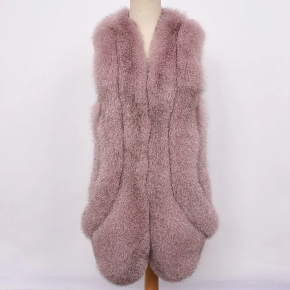 Pale Pink Новое поступление зимние теплые натуральный мех длинные жилеты Для женщин натуральным лисьим мехом жилет роскошный пушистый S7429 - Цвет: Pale Pink
