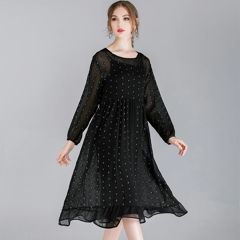 Spring Autumn New Womens Loose Fashion Chiffon Dresses Casual High Waist Round Neck Long Sleeve Elegant Dress Two Piece High-end