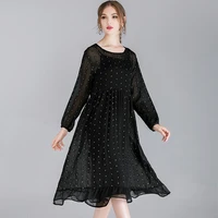 spring autumn new womens loose fashion chiffon dresses casual high waist round neck long sleeve elegant dress two piece high end