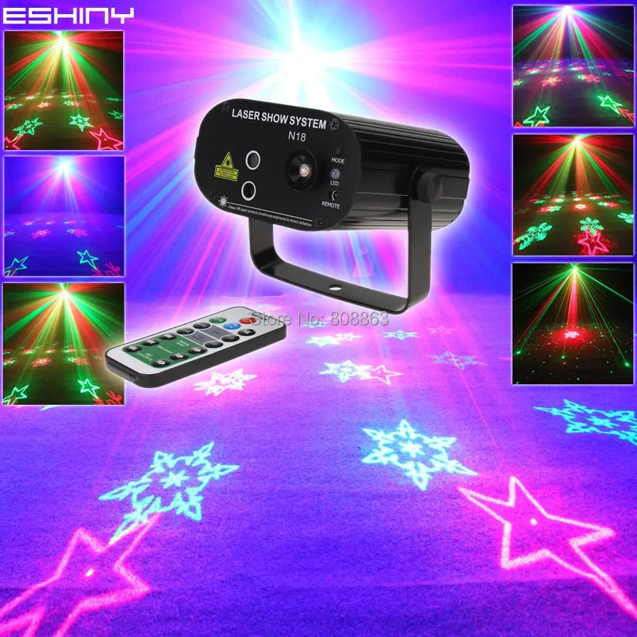ESHINY Blue LED Mini Remote R&G Laser 6 Snowflake Pattern Projector Bar DJ Dance Disco Home Party Effect Lighting Light N65T136