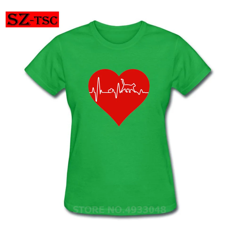 Женские футболки с принтом Love Cat Heartbeat повседневные хлопковые круглым вырезом и