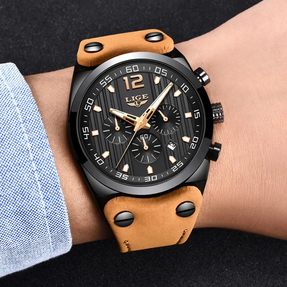 LIGE New Mens Watches Top Brand Luxury Chronograph Men Watch Leather Luxury Waterproof Sport Watch Men Male Clock Man Wristwatch